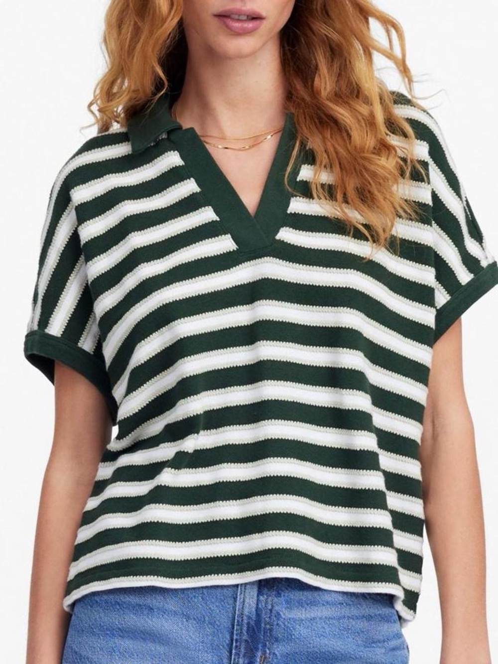 Madewell Relaxed Green & White V-Neck Striped Polo Knit Shirt. Size M